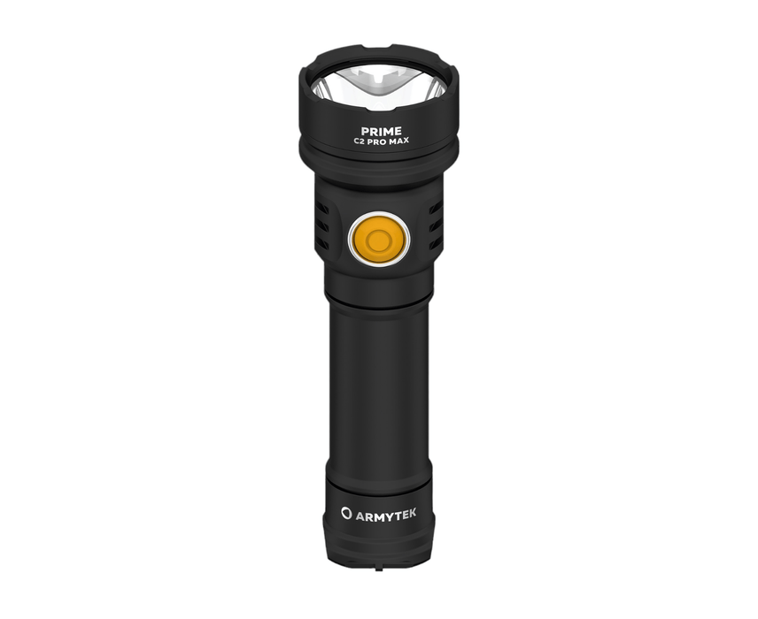 The Armytek Prime C2 Pro Max Magnet USB flashlight illuminates brightly on a plain white background.