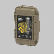 A tan hard case labeled with the Armytek Viking Pro Max Magnet USB - White tactical flashlight, listing its brightness, beam distance, angle, and featuring the handy Magnet USB charging function.