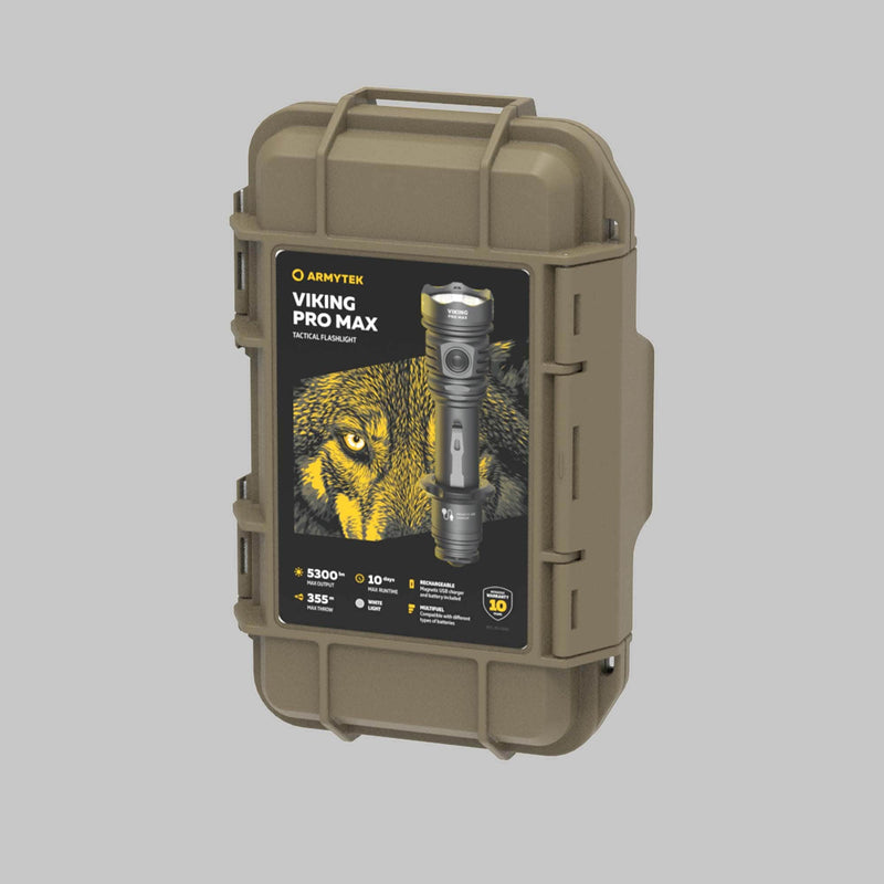 A tan hard case labeled with the Armytek Viking Pro Max Magnet USB - White tactical flashlight, listing its brightness, beam distance, angle, and featuring the handy Magnet USB charging function.