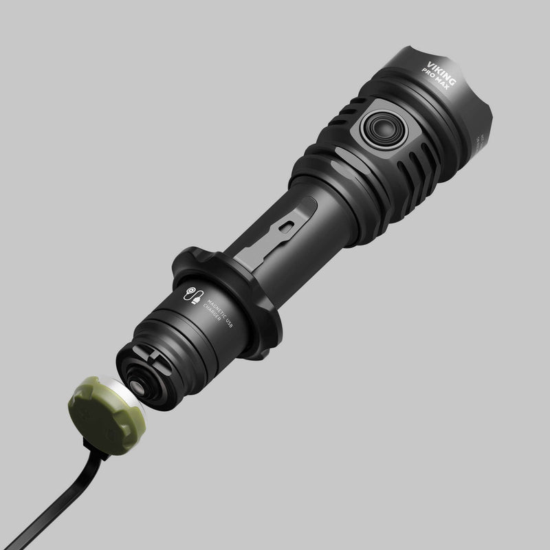 The Armytek Viking Pro Max Magnet USB - White tactical flashlight features a textured grip, side button, rear wired pressure switch, and Magnet USB charging, displayed on a plain gray background.