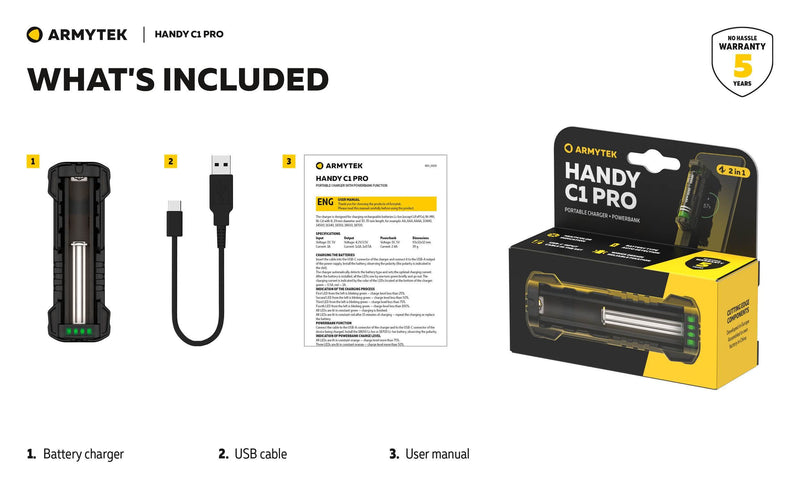 Image displaying the contents of the Armytek Handy C1 Pro USB-C package: a USB-C battery charger, a USB cable, and a user manual placed beside the clearly labeled product box. The Armytek Handy C1 Pro USB-C is a versatile charger that can also be used as a compact power bank for your devices.