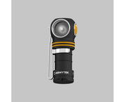 The Armytek Elf C1 USB-C White, a black and orange multi flashlight with a side clip and rounded head, offering 1000 lumens of brightness, rests against a gray background.
