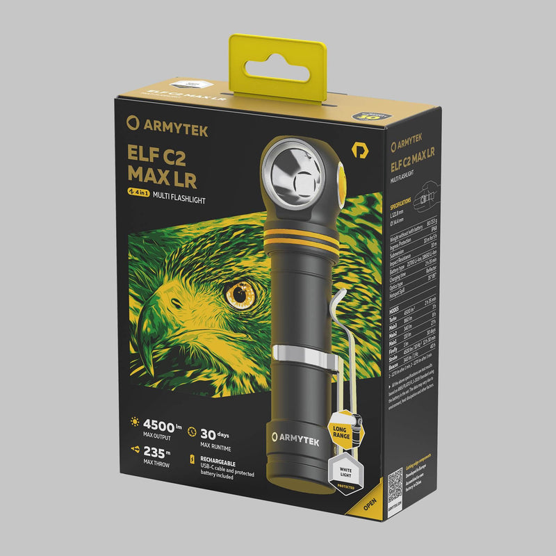 Armytek Elf C2 Max LR White retail box marked 235-meter beam distance