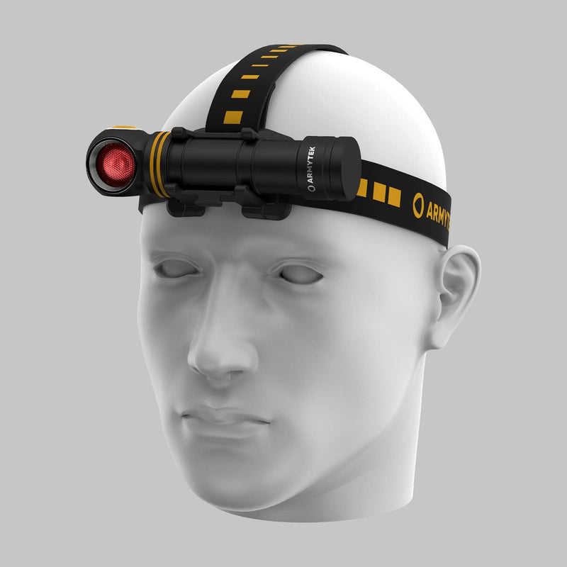 Elf C2 Max WR mounted in its headband with red light switched on