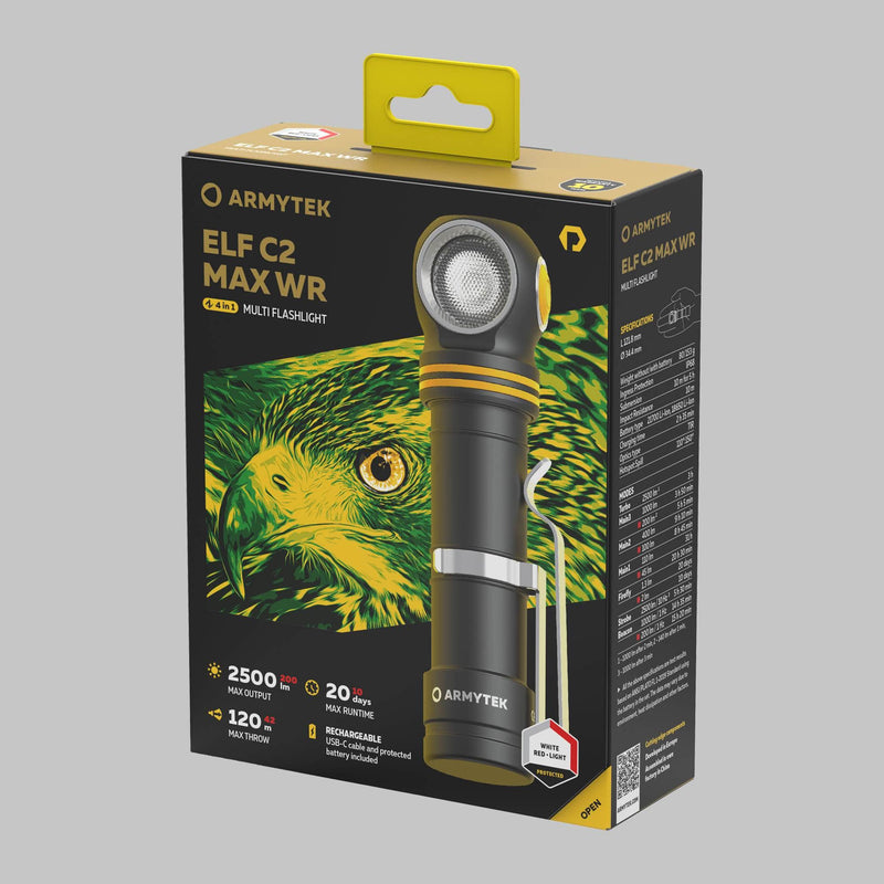 Elf C2 Max WR White retail box marked 2500-lumen white light and 200-lumen red light
