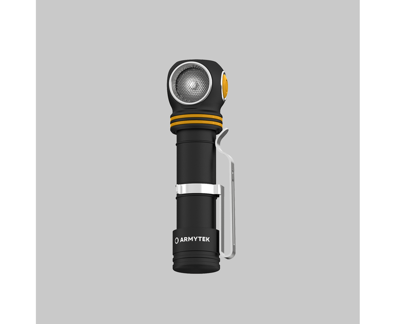 The Armytek Elf C2 USB-C Warm flashlight in black and silver features a right-angle head and side clip for versatile use against a gray background, along with modern USB-C charging for added convenience.