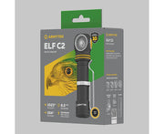 Box of Armytek Elf C2 USB-C Warm multi-flashlight, featuring a close-up of a bird's eye and product details such as 1023 lumens brightness, beam distance, and runtime printed on the packaging. Includes USB-C charger for convenience in this multifunctional model.