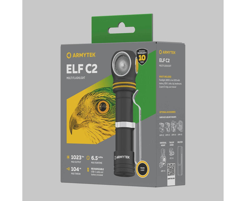 Box of Armytek Elf C2 USB-C Warm multi-flashlight, featuring a close-up of a bird's eye and product details such as 1023 lumens brightness, beam distance, and runtime printed on the packaging. Includes USB-C charger for convenience in this multifunctional model.