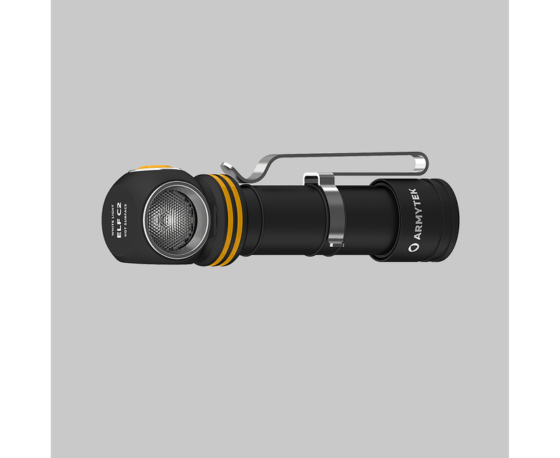 Black and yellow flashlight with a side button and clip, labeled "Armytek Elf C2 USB-C Warm," featuring USB-C charging for convenience.