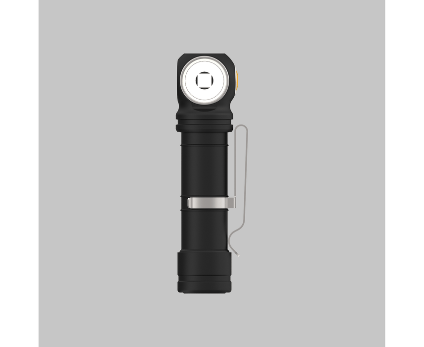 The Armytek Wizard C2 Pro Max LR - Warm, a powerful black flashlight from Armytek, illuminates a gray background.