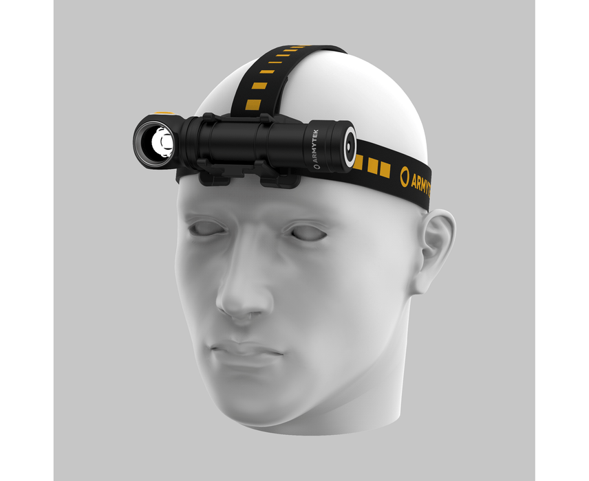 A mannequin with an Armytek Wizard C2 Pro Max LR - Warm headlamp on his head, emitting a warm light.