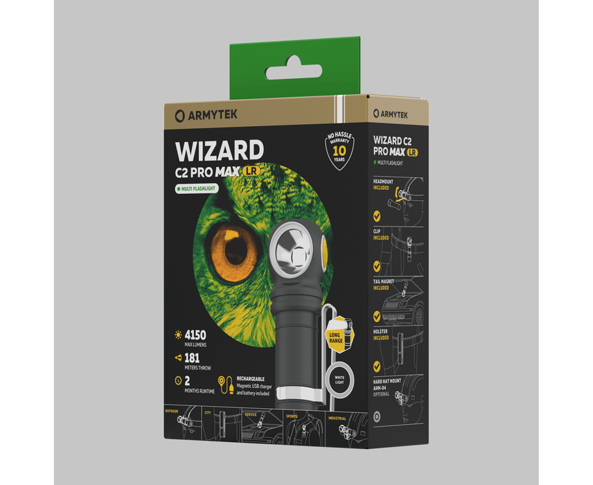 A white flashlight package featuring the Armytek Wizard C2 Pro Max LR - White.