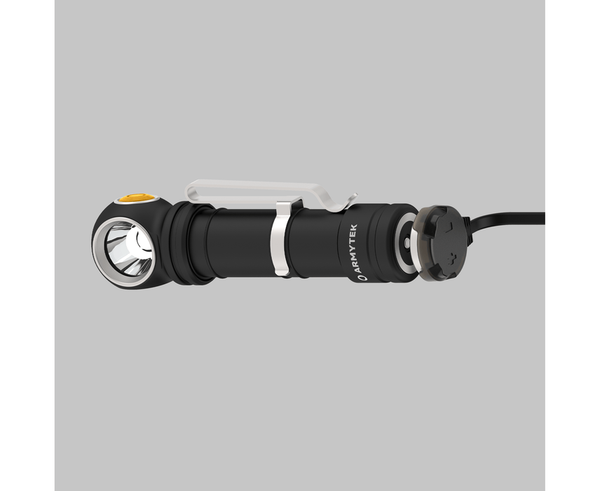 A white Armytek Wizard C2 Pro Max LR flashlight with a cord attached to it.