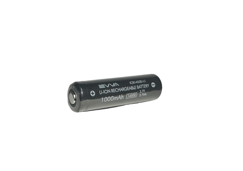 A EVVA Unprotected 14500 3.7v 1000mAh Button Top battery on a white background.
