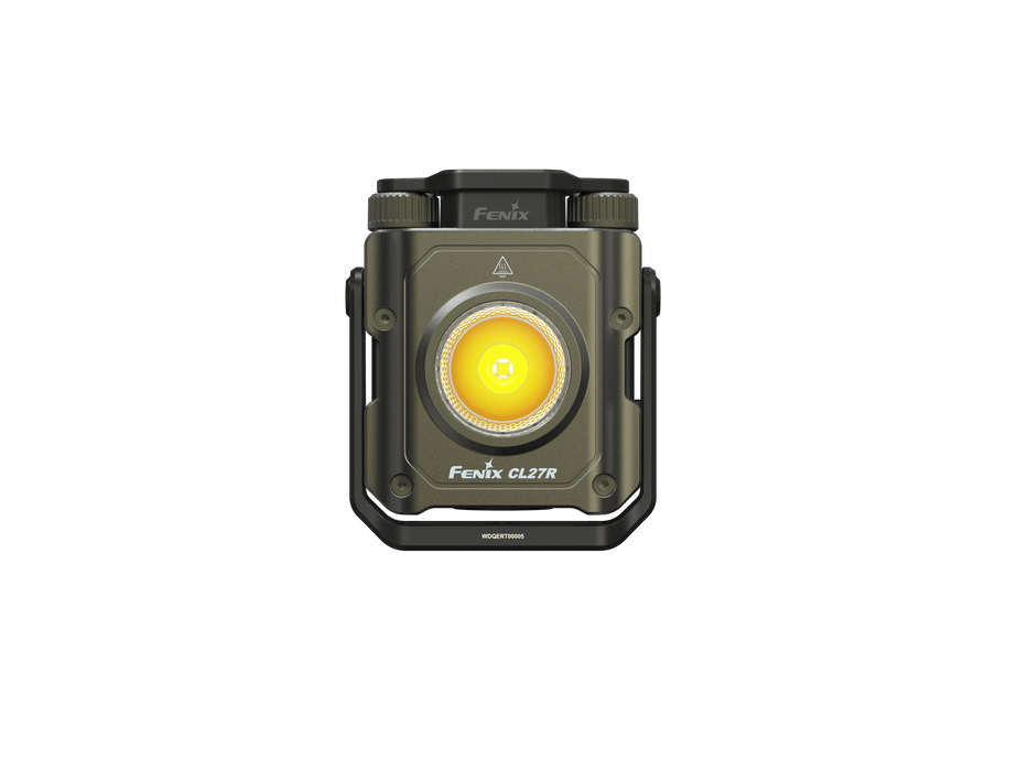 Introducing the Fenix CL27R: a compact and portable LED lantern featuring a green casing and a central circular light. Designed with ruggedness in mind, it delivers an impressive brightness of up to 1600 lumens. This USB-C rechargeable lantern is showcased against a black background.