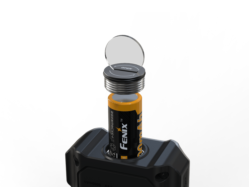 The sleek black Fenix CL27R is equipped by gently placing a battery into the device, with its circular cover flipped open against a matching black background. This 1600 Lumen lantern offers efficient power management for your adventures and is conveniently USB-C rechargeable.