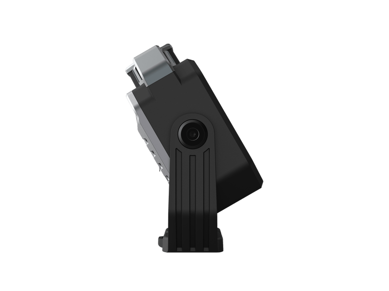 Side view of a sleek black Fenix CL28R on a stand, featuring a circular port or button in the center.