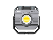 The Fenix CL28R is a versatile outdoor lantern designed in gray, with a yellow circular center and handle. Its front view highlights its stepless brightness adjustments, making it adaptable for any environment.