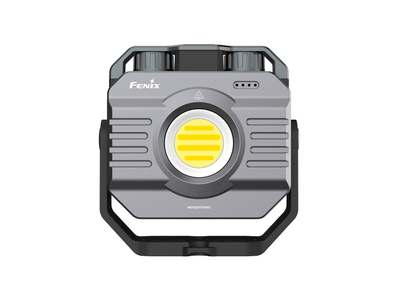 The Fenix CL28R is a versatile outdoor lantern designed in gray, with a yellow circular center and handle. Its front view highlights its stepless brightness adjustments, making it adaptable for any environment.