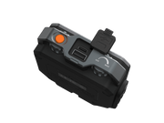 Aerial perspective of the Fenix CL28R, an electronic device in black and gray, showcasing an orange button, a USB port, and dial settings for seamless brightness control. This versatile outdoor lantern is equipped with an "OFF/MAX" label and features a detachable protective cover.