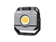 The Fenix CL28R is a gray, compact portable LED lantern with a circular yellow center, equipped with two knobs on top for smooth brightness control, all set against a black background.