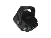 A black, angular electronic gadget with a strong handle and noticeable connectors, much like the Fenix CL28R multifunctional outdoor lantern, stands against a black background. Its design implies seamless brightness adjustments for versatile functionality.