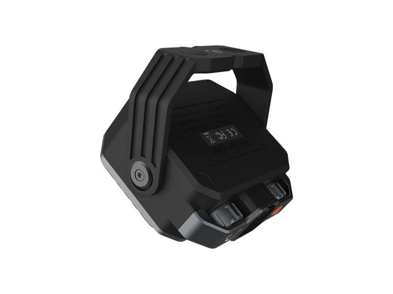 A black, angular electronic gadget with a strong handle and noticeable connectors, much like the Fenix CL28R multifunctional outdoor lantern, stands against a black background. Its design implies seamless brightness adjustments for versatile functionality.