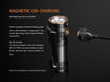The Fenix E18R, a high-quality aluminum construction rechargeable flashlight with magnetic USB charging.