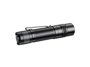 The Fenix E35R, a sleek black high-performance flashlight featuring a textured grip and a pocket clip, is showcased against a solid black background, providing an ideal everyday carry solution.