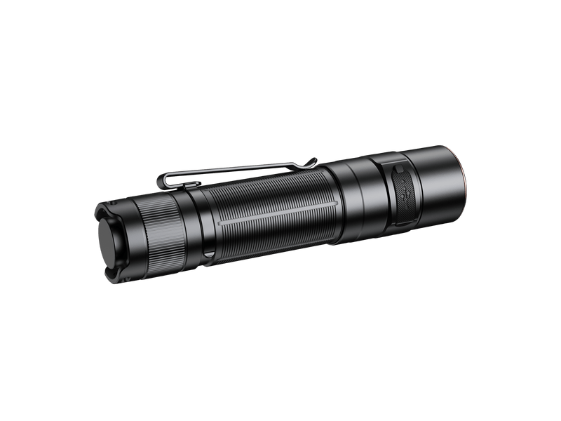 The Fenix E35R, a sleek black high-performance flashlight featuring a textured grip and a pocket clip, is showcased against a solid black background, providing an ideal everyday carry solution.