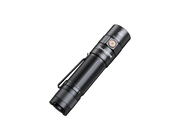 Introducing the Fenix E35R: a sleek black high-performance flashlight with a textured grip, clip, and a single side button, set against a plain black background.