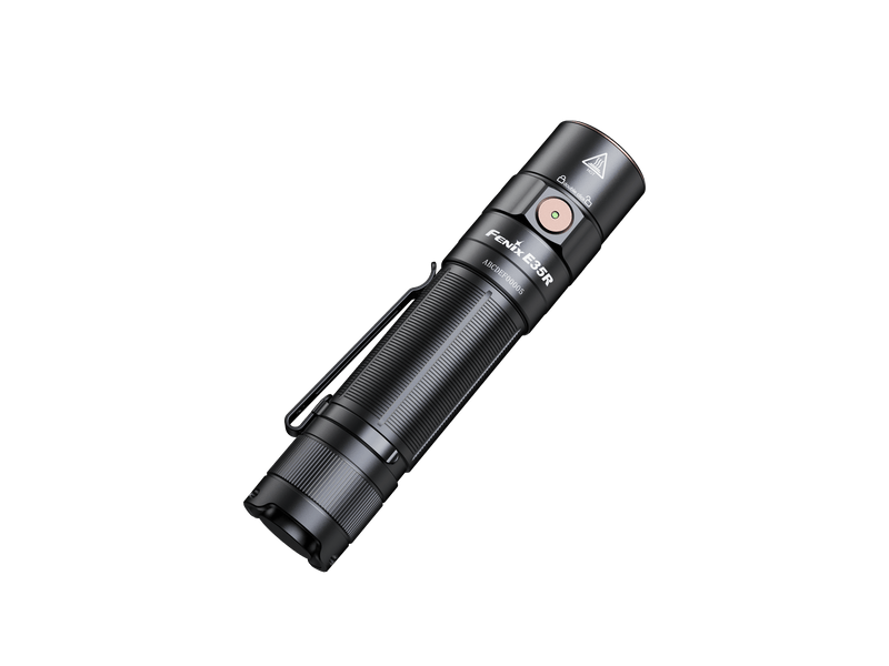 Introducing the Fenix E35R: a sleek black high-performance flashlight with a textured grip, clip, and a single side button, set against a plain black background.