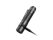 The Fenix E35R rechargeable LED flashlight, featuring a textured grip, is angled against a black background. A charging cable is connected to its base, showcasing its convenience for everyday carry.