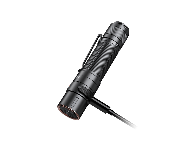The Fenix E35R rechargeable LED flashlight, featuring a textured grip, is angled against a black background. A charging cable is connected to its base, showcasing its convenience for everyday carry.