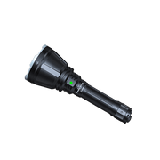 The Fenix HT18R is a black flashlight ideal for hunting light needs, showcasing a textured grip and silver accents on its white casing. It offers an impressive 2800-lumen output, with a green button on the side ensuring outstanding beam distance.