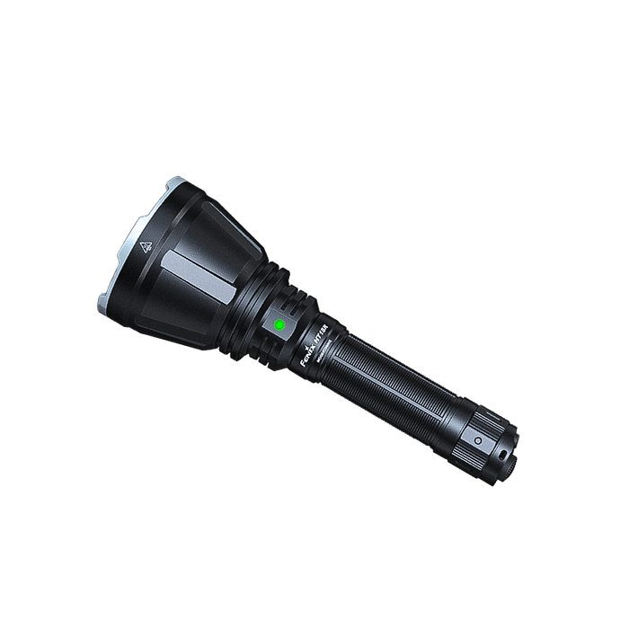 The Fenix HT18R is a black flashlight ideal for hunting light needs, showcasing a textured grip and silver accents on its white casing. It offers an impressive 2800-lumen output, with a green button on the side ensuring outstanding beam distance.
