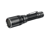 A tactical flashlight in black, crafted with a metal body and equipped with a clip, featuring detailed side labeling and precision distance capabilities similar to the Fenix HT30R.