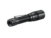 Textured grip and clip black flashlight, angled similarly to the Fenix HT30R's precision and range.