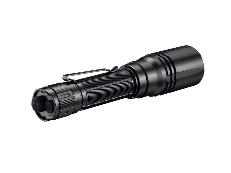 Textured grip and clip black flashlight, angled similarly to the Fenix HT30R's precision and range.