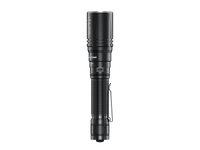The Fenix HT30R flashlight features a ribbed handle and clip, combining precision and distance in its sleek black design. It utilizes white laser technology for enhanced visibility, making it a versatile tool when viewed from the side.