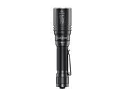 The Fenix HT30R flashlight, in black, showcases a textured grip and belt clip designed for precision distance capabilities, set against a simple white background.