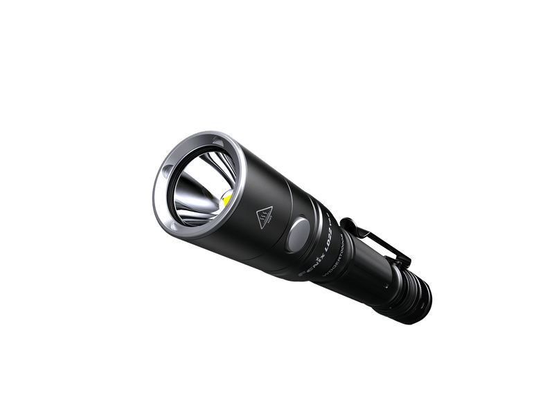 The Fenix LD22 V2.0, a sleek black flashlight with a silver rim, featuring dual switch control and a side clip, is displayed against a black background.