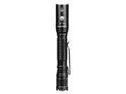 The Fenix LD22 V2.0, a compact EDC flashlight boasting an 800 Lumens output, with a textured grip and clip, stands upright against a plain black background.