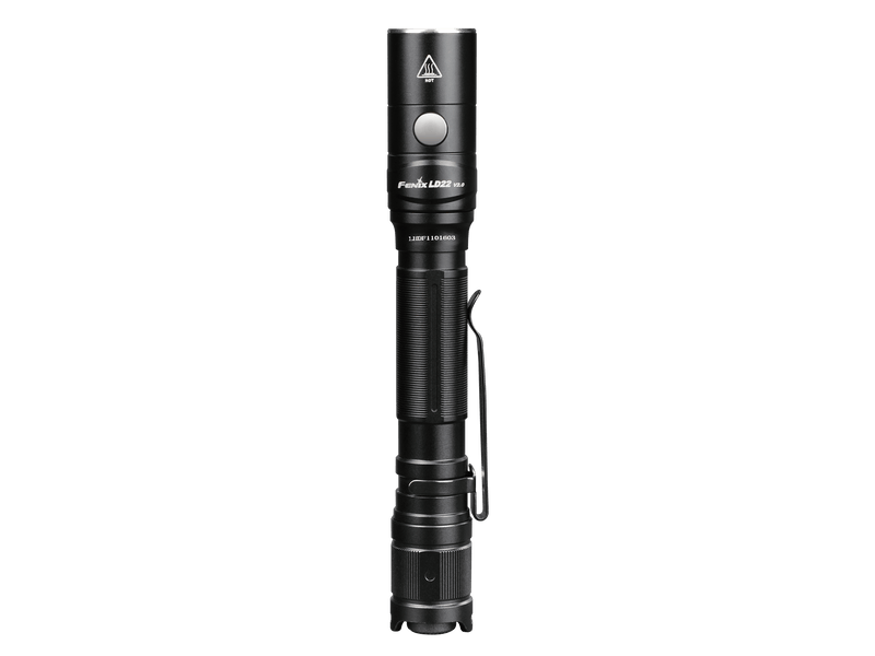 The Fenix LD22 V2.0, a compact EDC flashlight boasting an 800 Lumens output, with a textured grip and clip, stands upright against a plain black background.