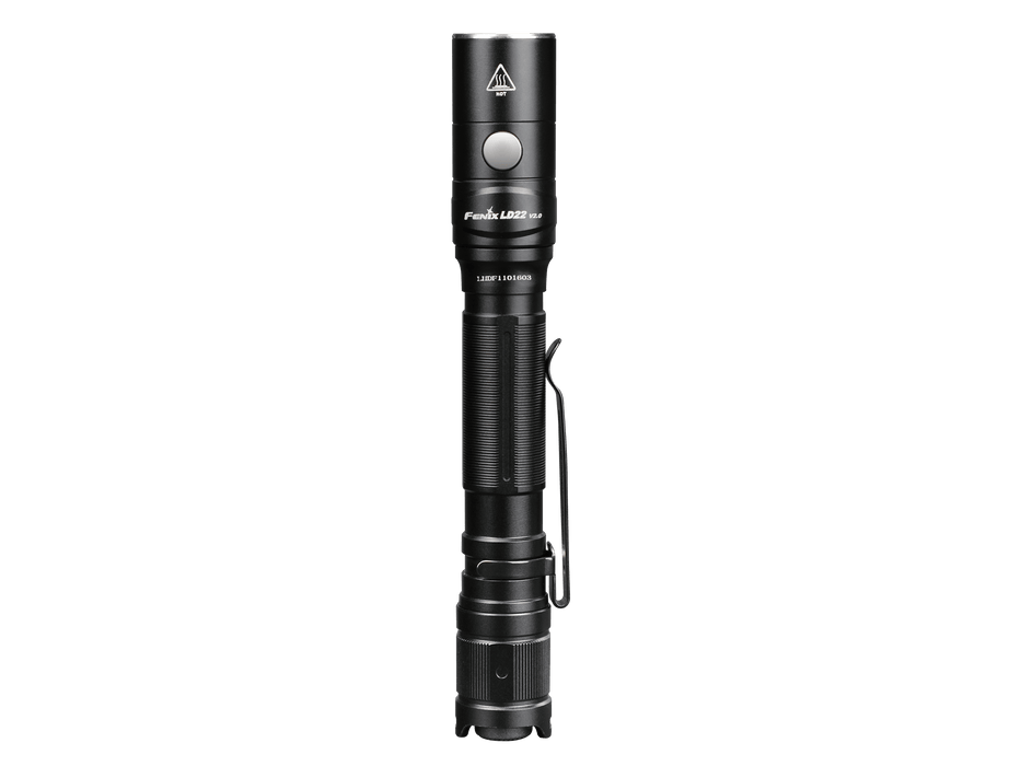 The Fenix LD22 V2.0, a compact EDC flashlight boasting an 800 Lumens output, with a textured grip and clip, stands upright against a plain black background.