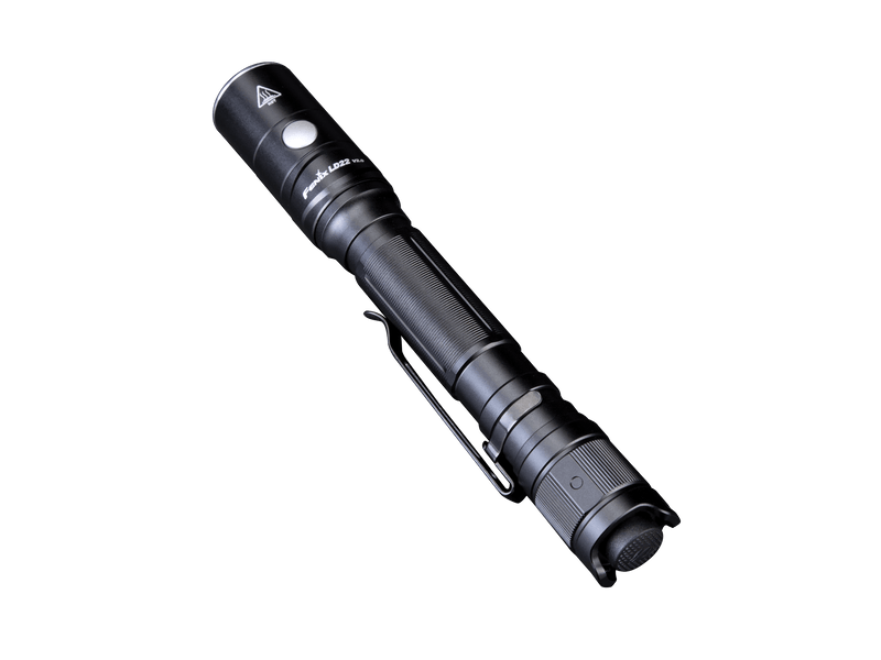 The Fenix LD22 V2.0 is a compact EDC flashlight with dual switch control and a textured grip, showcased against a solid dark background, delivering an impressive 800 lumens.