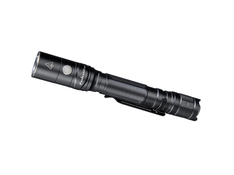 The Fenix LD22 V2.0 is a compact EDC flashlight equipped with dual switch control, a textured grip, and a side button, all presented against a black background.
