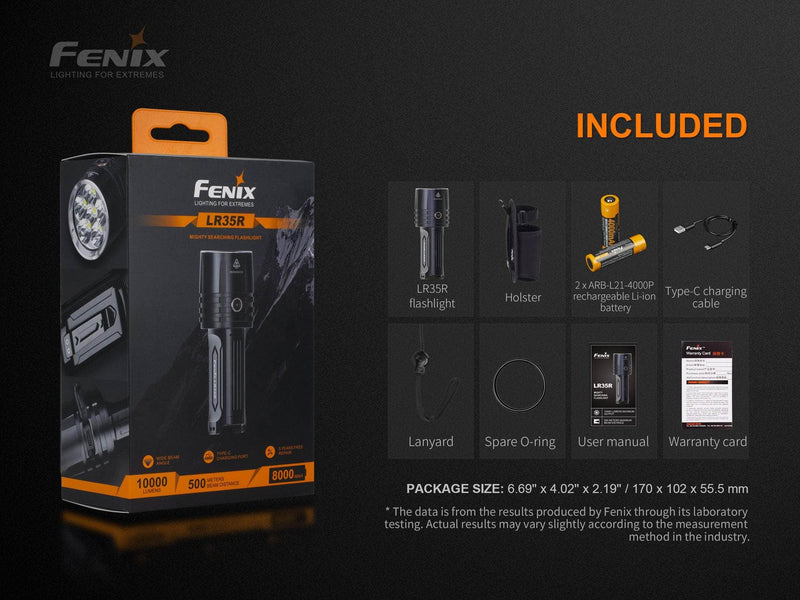 The Fenix LR35R rechargeable LED flashlight package includes the 10,000 lumens light, holster, battery, charging cable, lanyard, spare O-ring, user manual, and warranty card—all arranged beside the box.