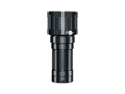 The Fenix LR60R, a long-range cylindrical flashlight in black with a textured grip and sleek design, boasts an impressive 21,000 lumens output and stands upright.