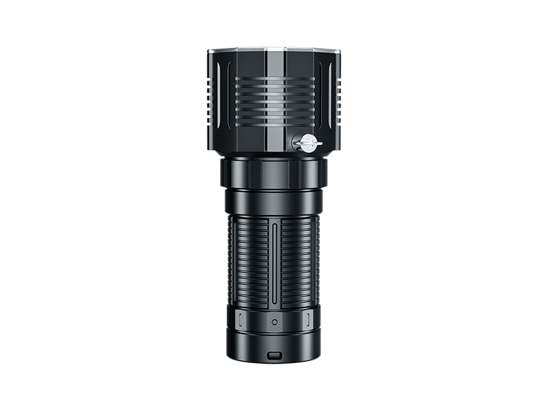The Fenix LR60R, a long-range cylindrical flashlight in black with a textured grip and sleek design, boasts an impressive 21,000 lumens output and stands upright.